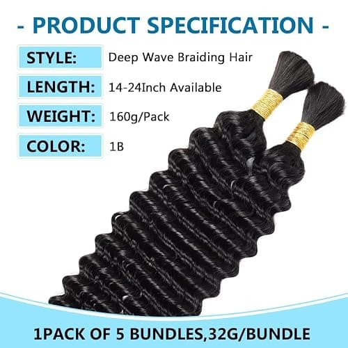 100g 3 bundles Human Braiding Hair for Boho Braids 24 Inch Curly Boho Hair for Braiding Knotless 12A Deep Wave Bulk Bohemian Natural Black thumbnail 5