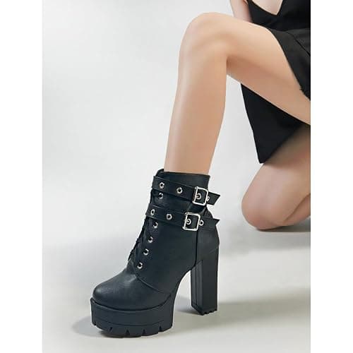 MEOTINA High Heel Boots for Women Black Heeled Chunky Heel Boot Platform Goth Shoes Lace Up Ankle Booties with Zipper thumbnail 3