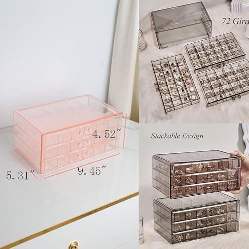 YUFONG Earring Storage Box Organizer 3 Drawers Acrylic Jewelry Storage Box Holder Transparent Jewelry Display Stand with 72 Small Compartments Gift for Women Girls (Clear Pink) thumbnail 3