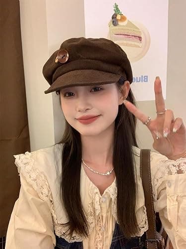 Corduroy Newsboy Hats for Women Vintage Button Decor Paperboy Painter Beret Cap Japanese Y2K Acubi Emo Headwear thumbnail 5