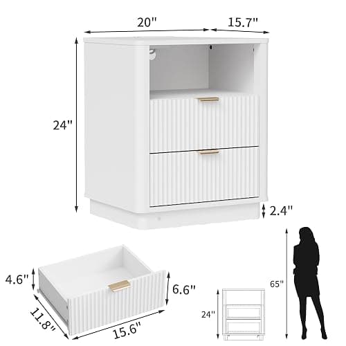 BONITURE Led Fluted Nightstand, Curved Night Stand with Charging Station Lighting, Wood Side Table with 2 Drawers, Modern End Table Storage Cabinet for Bedroom(1, White) thumbnail 2