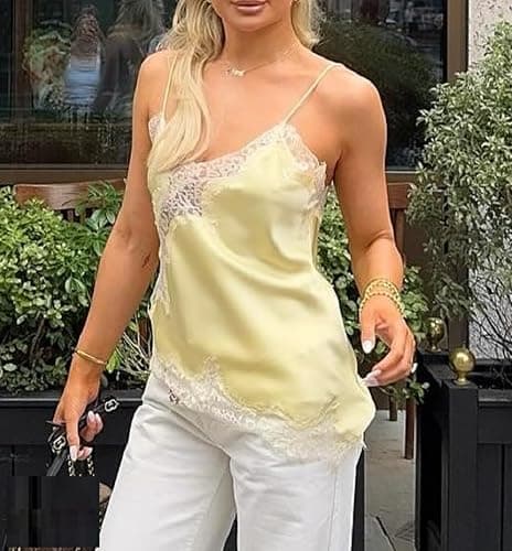 Women Satin Lace Cami Tops Y2k Asymmetrical Camisole Sexy Spaghetti Strap Side Slit Tank Top Trendy Going Out Tops thumbnail 3