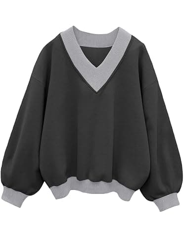 Hilinker Womens V Neck Oversized Sweatshirts Casual Drop Shoulder Long Sleeve Pullover Tops - Image 1