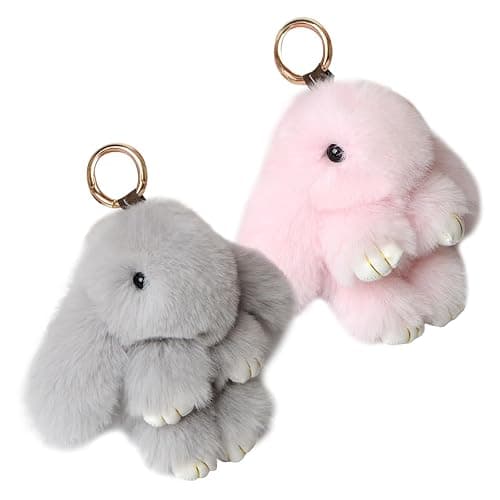 VZZNN 2 Pack Cute Bunny Plush Keychain for Backpack 5.9 Inch Handmade Soft Rabbit Pompom Pendant Rabbit Cute Plush Keychain (Pink + Gray) - Image 1