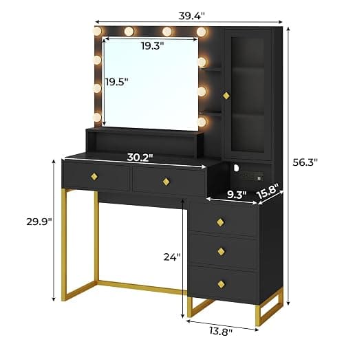 Tiptiper Large Makeup Vanity with Lights and Charging Station, Vanity Desk with Mirror and Lights, Vanity Table with Nightstand, Makeup Table with 5 Drawers & Storage Shelves, Black and Gold thumbnail 2