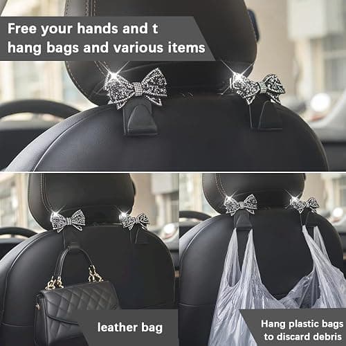 Zpana 2PCS Bling Car Headreat Hook, Crystal Rhinestone Cute Bow, Black | PVC construction, rhinestone bow design, compact rear seat storage, fits most cars, SUVs, and trucks, automotive accessories thumbnail 3