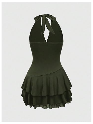 SOLY HUX Women's Summer Halter Backless Mini Dress Flowy Sleeveless V Neck Tie Back A Line Western Casual Sun Dresses thumbnail 2