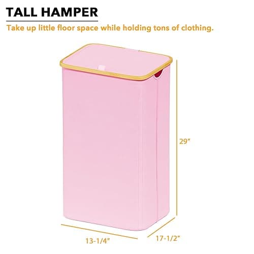 SpaceAid Laundry Hamper with Lid, 110L Large Tall Clothes Basket Bin with Bamboo Handles, Collapsible Laundry Hamper for Bedroom, Bathroom, Dorm, Laundry Room - Pink thumbnail 3
