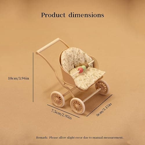Funky Mini House Miniature Rolling Dollhouse Doll Stroller with Movable Wheels, Retro Iron Doll Pram, 1/12 Scale Dollhouse Furniture (Pink) thumbnail 2