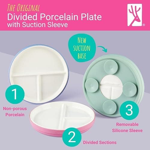 Elk and Friends Kids 7.8” Porcelain Divided Plates with Silicone Suction Sleeves | Suitable for Kids/Toddlers | Microwave & Dishwasher Safe | Non Slip | Snack Dishes | 4 Pack thumbnail 3
