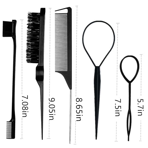 ZVOREI 8Pcs Black Hair Brushes Set with 4Pcs Topsy Tail Tools, Teasing Bristle Brush, Edge Control Brush, and 2Pcs Metal Pin Rat Tail Combs for Women's Hair Styling and Brushing | 4Pcs Topsy Tail Tools, Teasing Bristle Brush, Edge Control Brush, 2Pcs Metal Pin Rat Tail Combs thumbnail 6