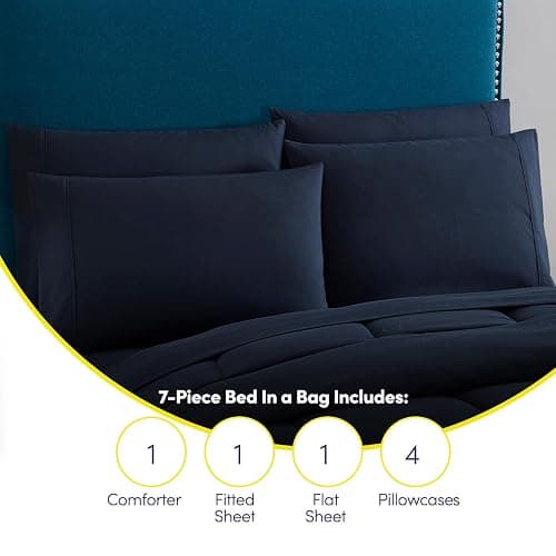 Full Size Comforter Set with Sheets - 7-Piece Bedding Collection - 1 Comforter, 1 Fitted Sheet, 1 Flat, 4 Pillowcases - Deep Pocket - Soft & Premium Quality - Ideal for All Seasons, Navy Blue - Navy - Full thumbnail 6
