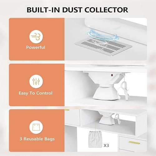 OmySalon Nail Desk with Ribbed Design & Electric Dust Collector - Nail Tech Station with Storage Drawer, Fluted Glass Cabinet & Wrist Cushion for Home Salon & Spa (White) thumbnail 4