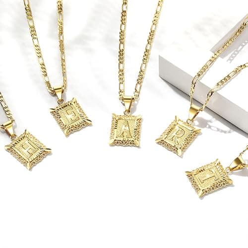 KissYan Initial Letter Pendant Necklace for Men Women, 14K Gold Plated Square Capital Monogram Necklace Alphabets from A-Z Figaro Chain Jewelry thumbnail 4