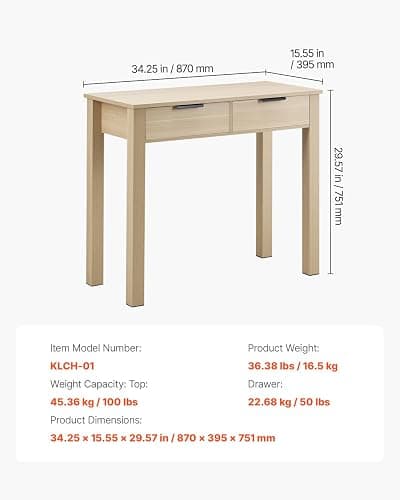 VEVOR Small Desk with Drawers, Wooden Table for Home Office, Small Computer Desk with Storage, Vanity Desk with Drawers, Study Table for Adults/Students for Drawing, Reading, Writing, Light Wood thumbnail 3