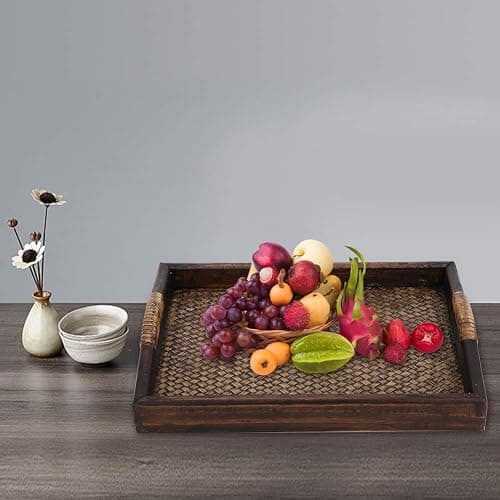 Rattan Serving Tray with Handle, Rustic Table Tray Rectangular Tea Tray  thumbnail 5