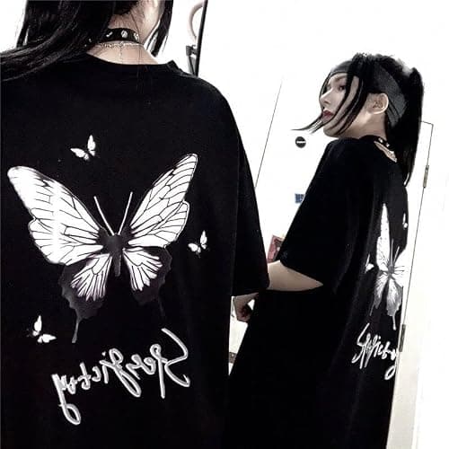 Gothic T Shirt Women Butterfly Print Short Sleeve T Shirt Women Loose Harajuku Style Black Design Short Sleeve Top thumbnail 2