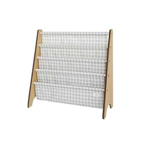 3 Sprouts Recycled Fabric Kids Bookshelf – 4-Tier Sling Book Rack Storage - Kids Room Book Shelves, Nursery, Playroom, Classroom - Bookcase Display Shelf for Toddler, Children Age 3+ - Gingham Beige - Image 1