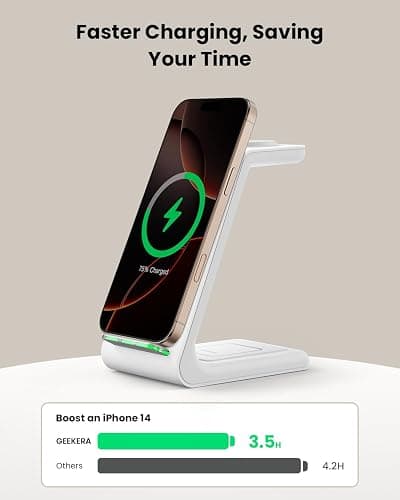 Wireless Charging Stand, GEEKERA 3 in 1 Wireless Charger Dock Station for iPhone 17 16 15 14 13 12 11 Pro Max Plus/X/8 Series, Apple Watch Ultra 11/10/9/SE/8/7/6/5/4/3/2, AirPods Pro/3/2 thumbnail 4