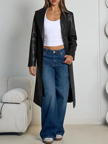 Trendy Queen Womens Long Leather Jackets Trench Coat Blazer Lapel Faux Open Front with Belt thumbnail 2
