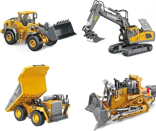 ADTHLIER Remote Control Excavator (11-Channel), Dump Truck, Bulldozer, Loader (9-Channel), 2.4GHz Remote Control Construction Vehicles, Metal Construction, with Cool Lights and Sound Effects, 4-Pack - Image 1