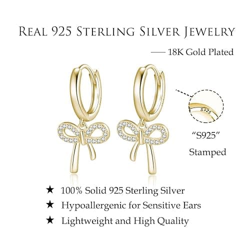 Reffeer Solid 925 Sterling Silver Bow Drop Hoop Earrings for Women Teen Girls Bowknot Hoop Earrings Huggie Ribbon Earrings thumbnail 7