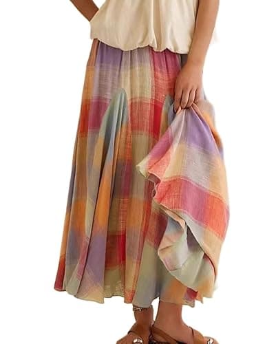 CHARTOU Women Multicolour Plaid Ruffle Elastic Waist Flowy Long Skirt Summer Ruche Color Block Gingham Skirt - Image 1