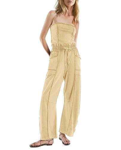 LAMISSCHE Womens Casual Strapless Jumpsuits off the Shoulder Summer Rompers Sleeveless One Piece Outfits with Pockets thumbnail 2