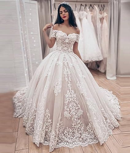 Off Shoulder Lace Appliques Wedding Dresses for Bride Vintage Princess Ball Gown - 2 - White thumbnail 2