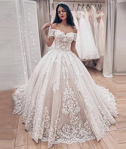 Off Shoulder Lace Appliques Wedding Dresses for Bride Vintage Princess Ball Gown - 2 - White thumbnail 2