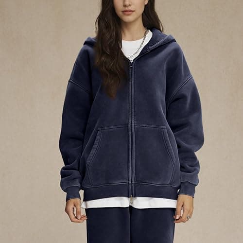 Talakeno Womens Double Zip Up Hoodies Oversized Heavyweight Fleece Sweatshirt Acid Wash Hoodie Vintage Distress Cotton Jacket thumbnail 4