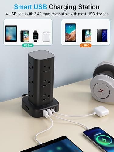 6FT Power Strip Tower Surge Protector, 12 Wide Spaced Outlets, 4 USB | 16-in-1 Desktop Charging Station with 2USB-C,2USB-A, Flat Plug, 6FT Cord, 1800J Surge Protection for Home Office, Dorm Black thumbnail 3