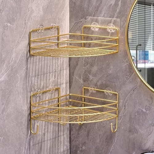 Corner Shower Shelves with 4 Hooks, 2-Tier Stainless Steel Bathroom Shower Organizers, Wall Mounted Caddy Shelves No Drilling with Adhesive, Triangle Storage Shelf for Toilet, Dorm and Kitchen, Gold - Image 1