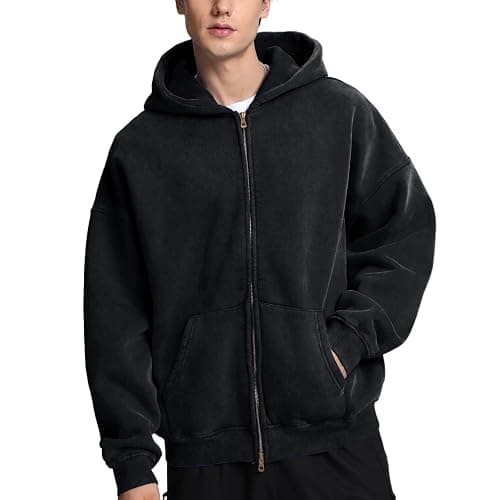 FAIABLE Mens Womens Double Zip Up Hoodie Oversized Acid Wash Heavyweight Fleece Cotton Zipper Hoodie Vintage - Image 1