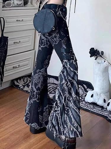 Xojbzoo Y2K Grunge Flare Leg Jeans - Punk Aesthetic Denim Pants with Tassel & Horn Accents, Includes Belt thumbnail 6