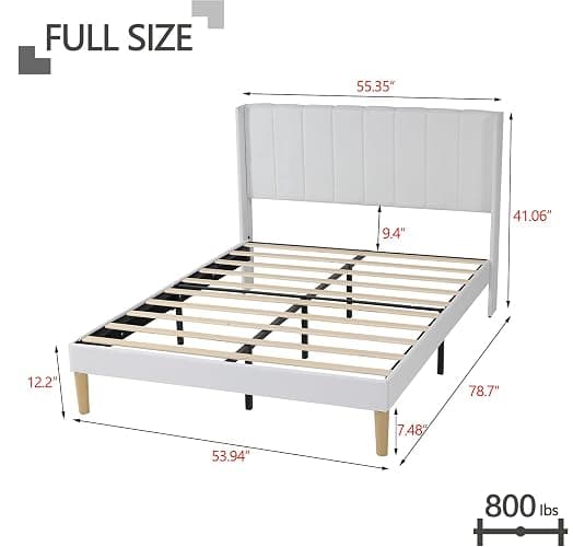 Zoophyter Full Size Bed Frame with Linen Upholstered Headboard, White | Linen Platform Bed, Heavy Duty Wooden Slats Support, 7.48" Under-Bed Storage, No Box Spring Needed, Easy Assembly thumbnail 2