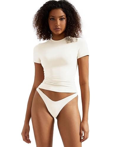 SUUKSESS Women Double Lined Fitted Basic Tee Crew Neck Short Sleeve Y2K Crop Top - Image 1