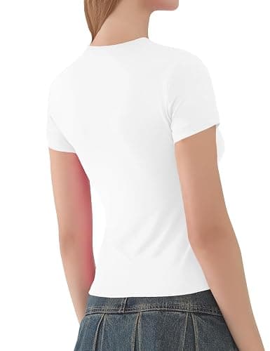 Womens Basic Short Sleeve Slim Fit T Shirts Soft Crewneck Crop Y2k Tees Summer Stretchy Cute Tops - White - M thumbnail 4