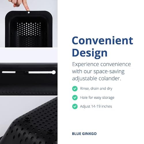 BLUE GINKGO Over the Sink Colander Strainer Basket - Wash Vegetables and Fruits, Drain Cooked Pasta and Dry Dishes - Extendable - New Home Kitchen Essentials (Black, 1 Pack) thumbnail 5