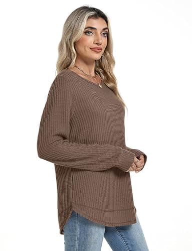 WIHOLL Tunic Tops for Women Loose Fit Dressy Waffle Knit Long Sleeve Shirts Trendy Fall Fashion Crewneck Sweaters Curved Hem thumbnail 4