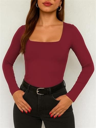 ForeFair Women Square Neck Long Sleeve Going Out Tops Tight Double Lined Basic Tees Shirt thumbnail 7