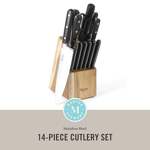 Martha Stewart Eastwalk 14 Piece High Carbon Stainless Steel Cutlery Knife Block Set w/ABS Triple Riveted Forged Handle Acacia Wood Block - Matte Black thumbnail 2