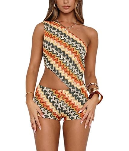 Wuitrie Summer Two Piece Sets for Women 2026 Sexy Slanted Shoulder Backless Tops Shorts Beach Vacation Clothes - Image 1