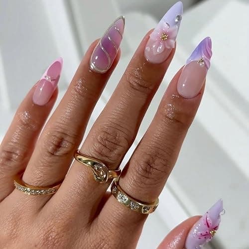 LPOODDNU Purple Pink Press on Nails Almond - Medium 3D Embossed Flower Fake Nails with Pearl Designs, Glossy Finished Reusable False Nails with Adhesive Glue Tabs - 24Pcs Nail Kit for Women Manicure - Image 1