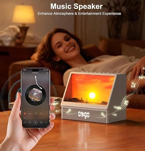 Sunrise Alarm Clock for Bedrooms, White Noise Machine Creative Simulated Sunrise Animation with 7 Modes, 12 Natural Sounds, Music Speaker & Remote, Wake Up Light Sunset Lamp Gifts for Heavy Sleepers thumbnail 6