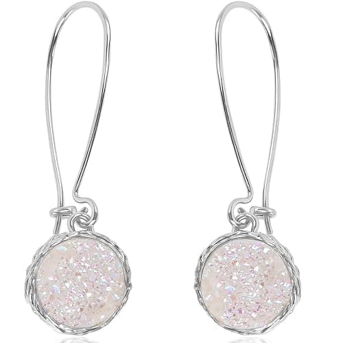 Simulated Druzy Threader Drop Earrings for Women - Gold, Silver, or Rose Gold Tone Trendy Boho Dangles with Sparkly Round Stone - Image 1