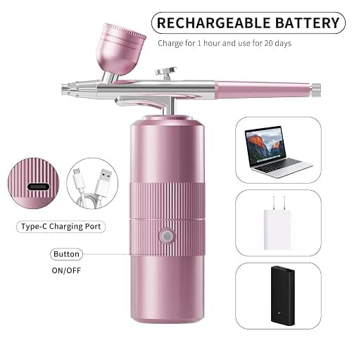Airbrush Kit with Compressor Portable Airbrush Kit 48PSI High-Pressure Non-Clogging Air Brush Set Cordless Rechargeable with 0.3mm Nozzle and Cleaning Brush for Painting,Nail Art, Makeup (pink) thumbnail 5