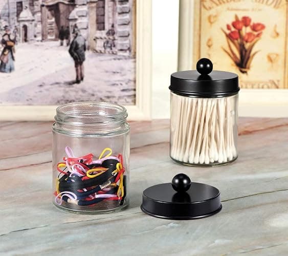 Amolliar 4 Pack Apothecary Jars Bathroom Vanity Storage Organizer Set -Countertop Canister with Stainless Steel Lids &Cute Stickers - Qtip Dispenser Holder for Qtips,Cotton Swabs,Makeup Sponges(Black) thumbnail 8