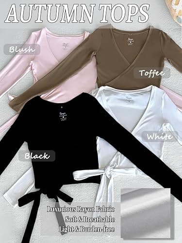 Danysu Ballet Wrap Tops Long Sleeve Cross Tie Crop Shirts Deep V-Neck Dance Clothes Fall Cardigans thumbnail 4