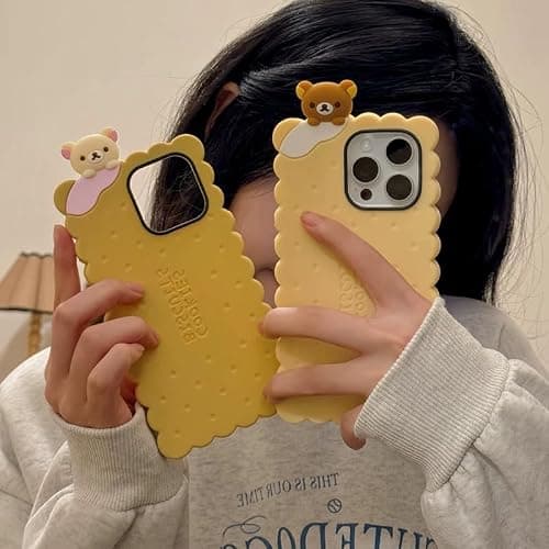 Soft Silicone Case for Apple 3D Cartoon Biscuit Sugar Sandwich Cookie Soda Cracker Snack Food Japanese Teddy Bear Animal Cute Lovely Adorable Kawaii Kids Girls (Yellow, for iPhone 14) thumbnail 2
